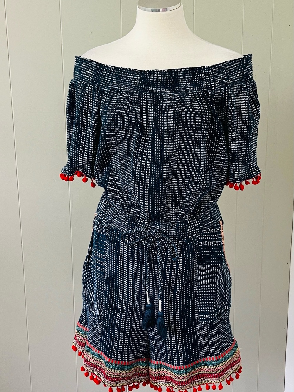 THML Off Shoulder Boho Romper Size Large Pom Pom Embroidered Tassel Festival